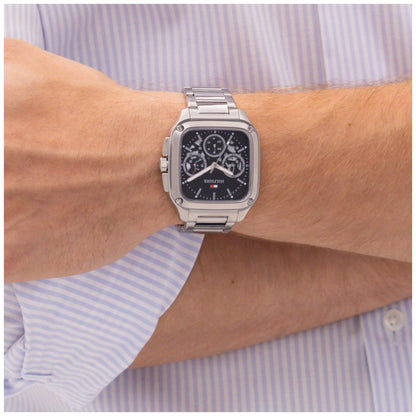 Tommy Hilfiger Quarzuhr am Handgelenk mit schwarzem Skelettzifferblatt und Edelstahlband