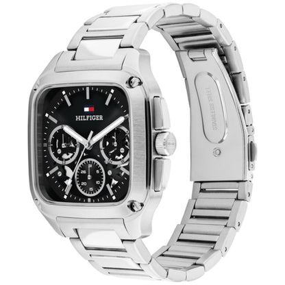 Tommy Hilfiger Quarzuhr, Edelstahlgehäuse und -armband, schwarzes Skelettzifferblatt
