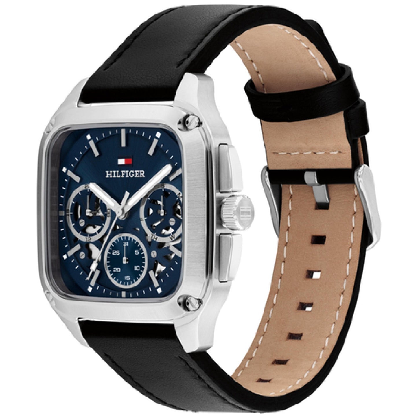 Herrenuhr: silbernes Gehäuse, blaues Zifferblatt mit HILFIGER und Skelett-Anzeige, schwarzes Band