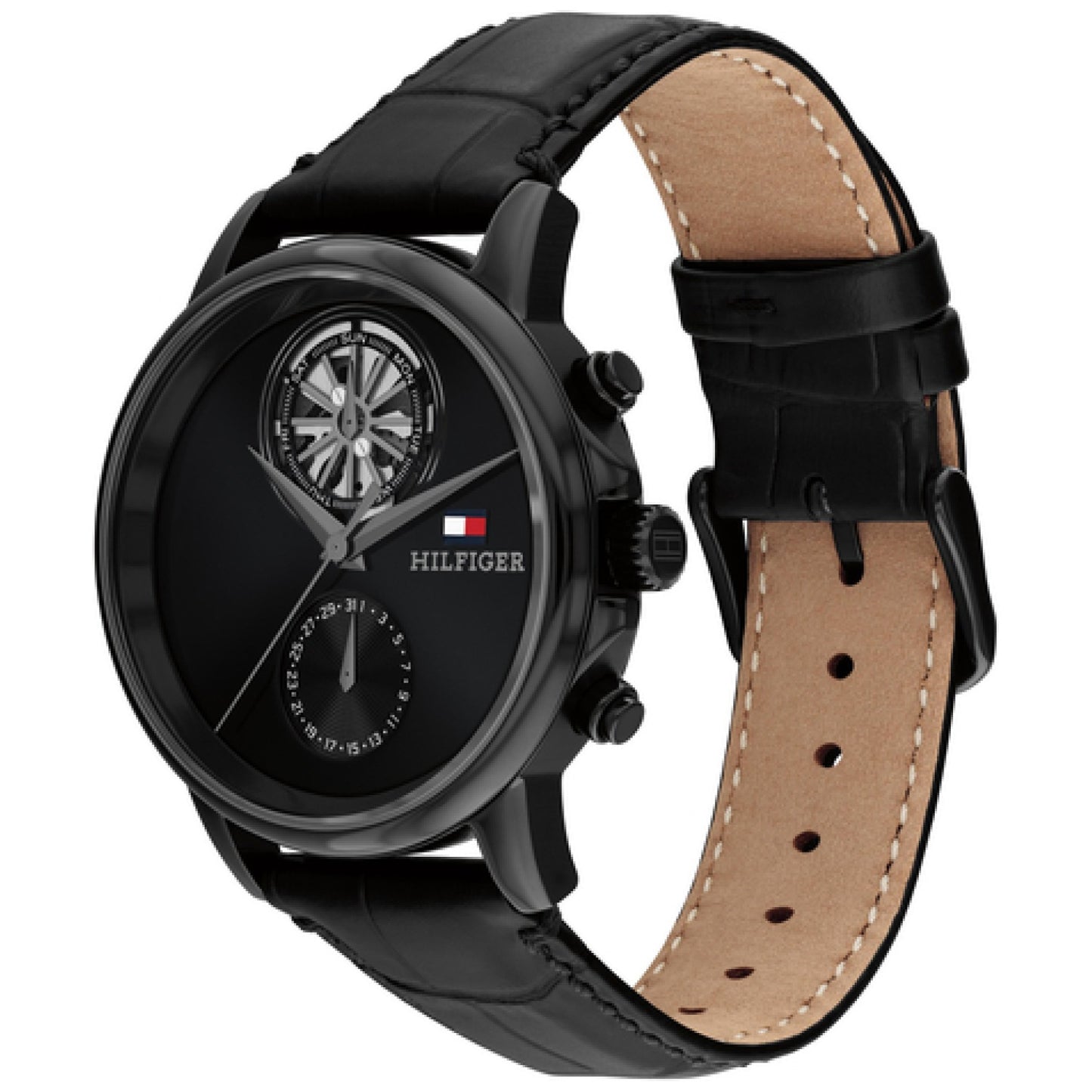 Armbanduhr Tommy Hilfiger mit schwarzem Zifferblatt und schwarzem Lederarmband