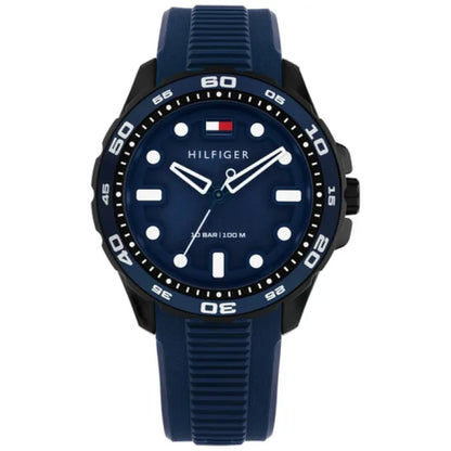 Tommy Hilfiger Herren-Armbanduhr mit blauem Zifferblatt, schwarzer Lünette und Silikonband
