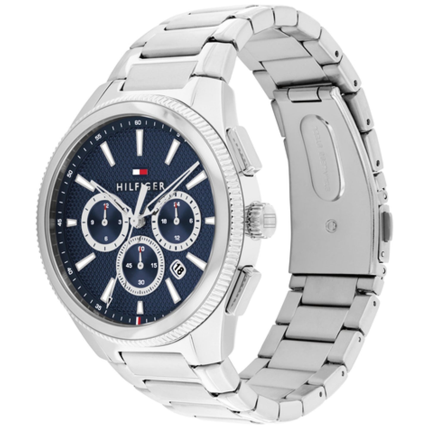 Tommy Hilfiger Armbanduhr im schrägen Blick, blaues Zifferblatt mit Chrono-Optik