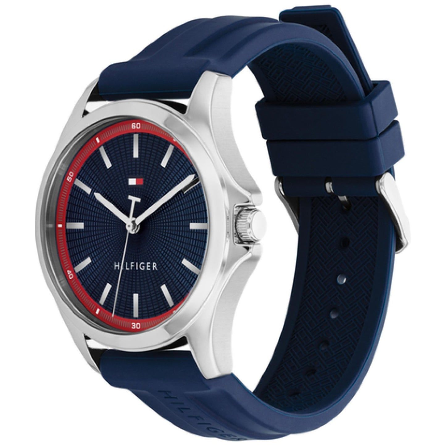 Tommy Hilfiger Armbanduhr: blaues Zifferblatt mit roten Akzenten und blaues Silikonarmband