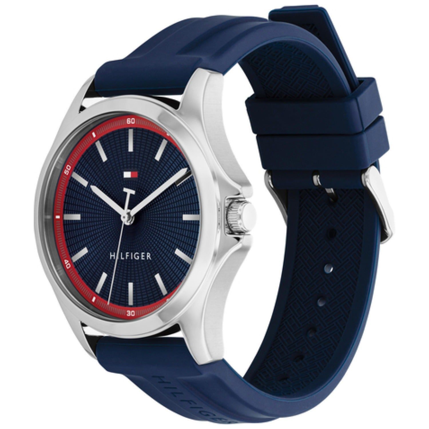 Tommy Hilfiger Armbanduhr: blaues Zifferblatt mit roten Akzenten und blaues Silikonarmband