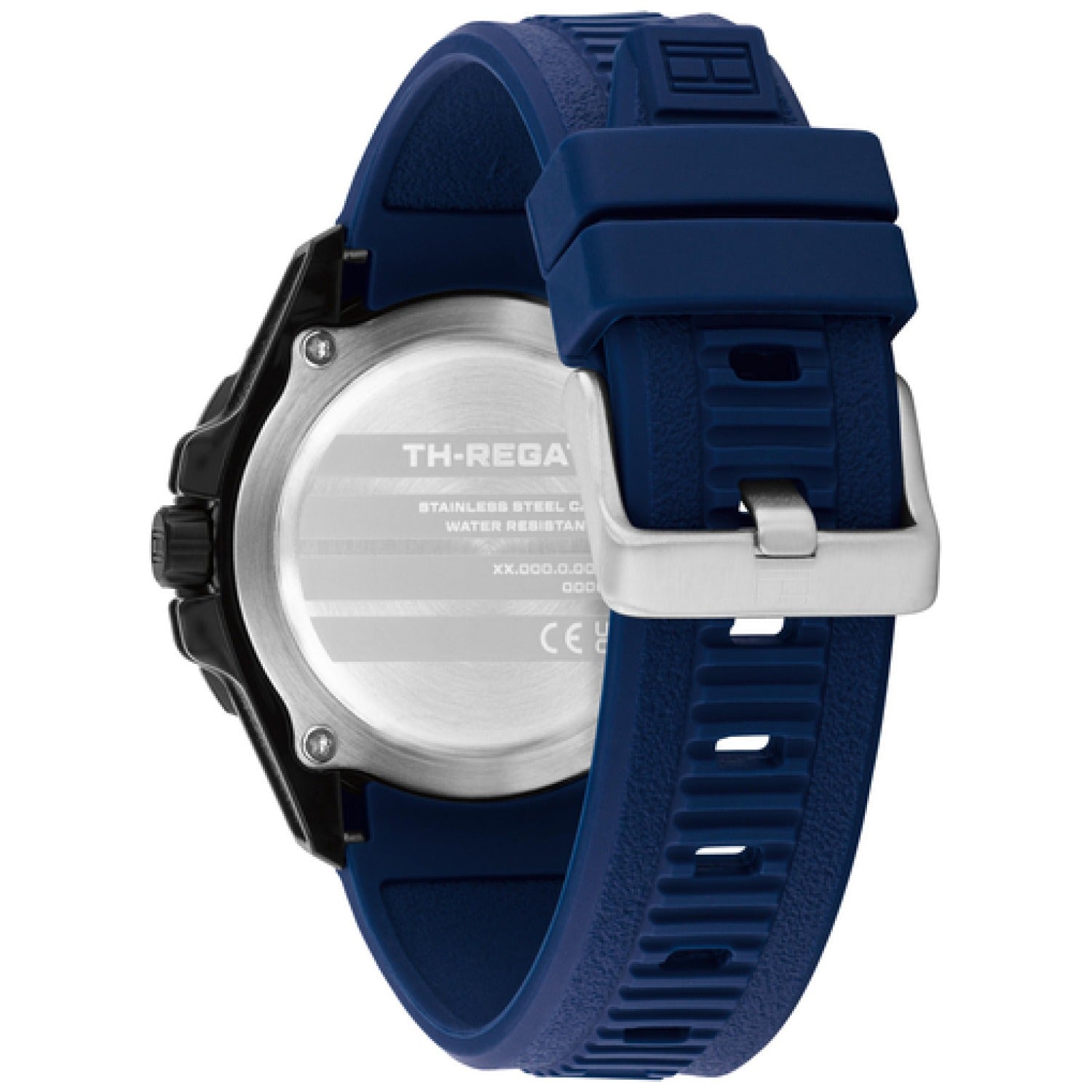 Herrenarmbanduhr: blaue Gehäuserückseite und Silikonband mit Schnalle