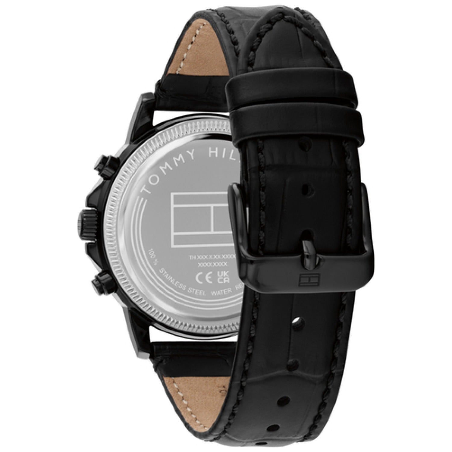 Tommy Hilfiger Armbanduhr mit schwarzem Lederarmband und sichtbar Rückseite
