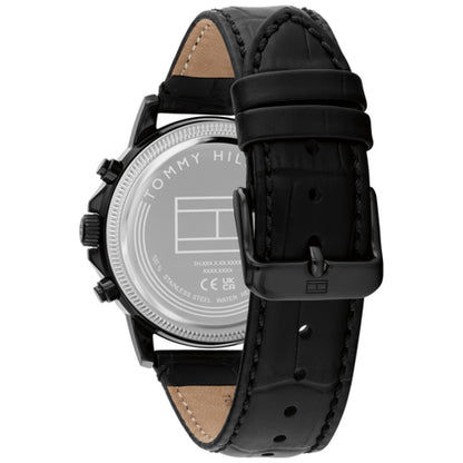 Tommy Hilfiger Armbanduhr mit schwarzem Lederarmband und sichtbar Rückseite