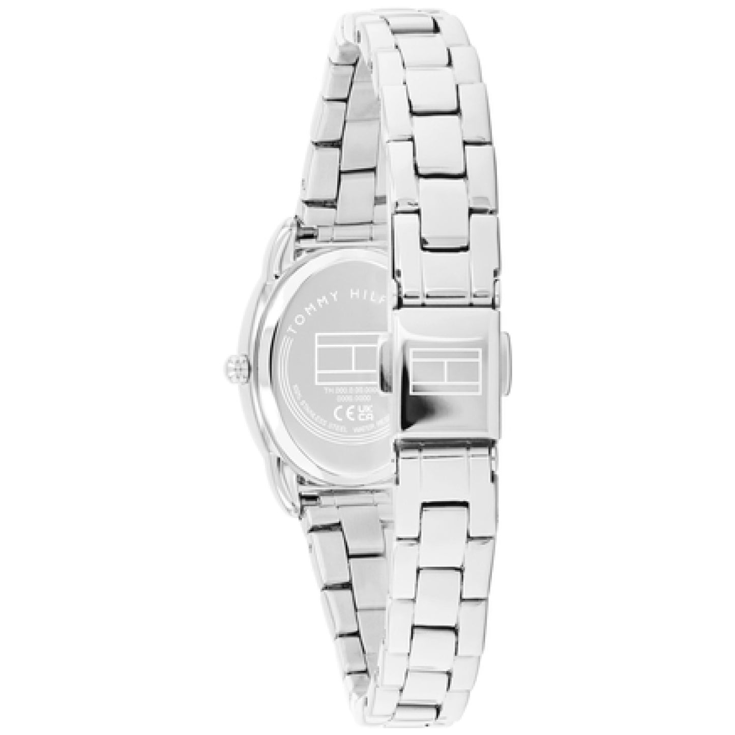 Damenarmbanduhr Rückseite mit ovalem silbernem Gehäuse und silbernem Metallarmband
