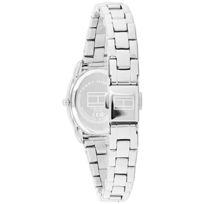 Damenarmbanduhr Rückseite mit ovalem silbernem Gehäuse und silbernem Metallarmband