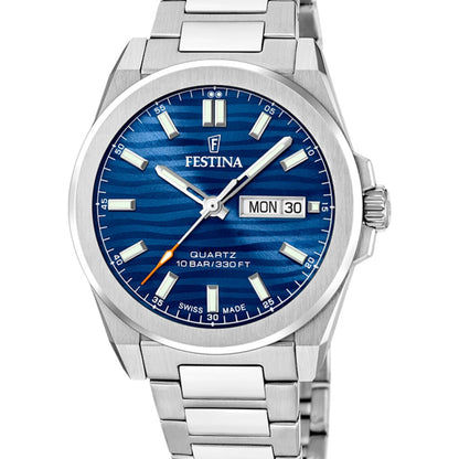 Festina Armbanduhr mit blauem Zifferblatt, Edelstahlband, Datumsfenster „MON 30“