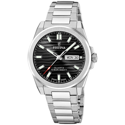 Festina Herrenarmbanduhr mit schwarzem Zifferblatt, Metallarmband und Datumsanzeige MON 30.
