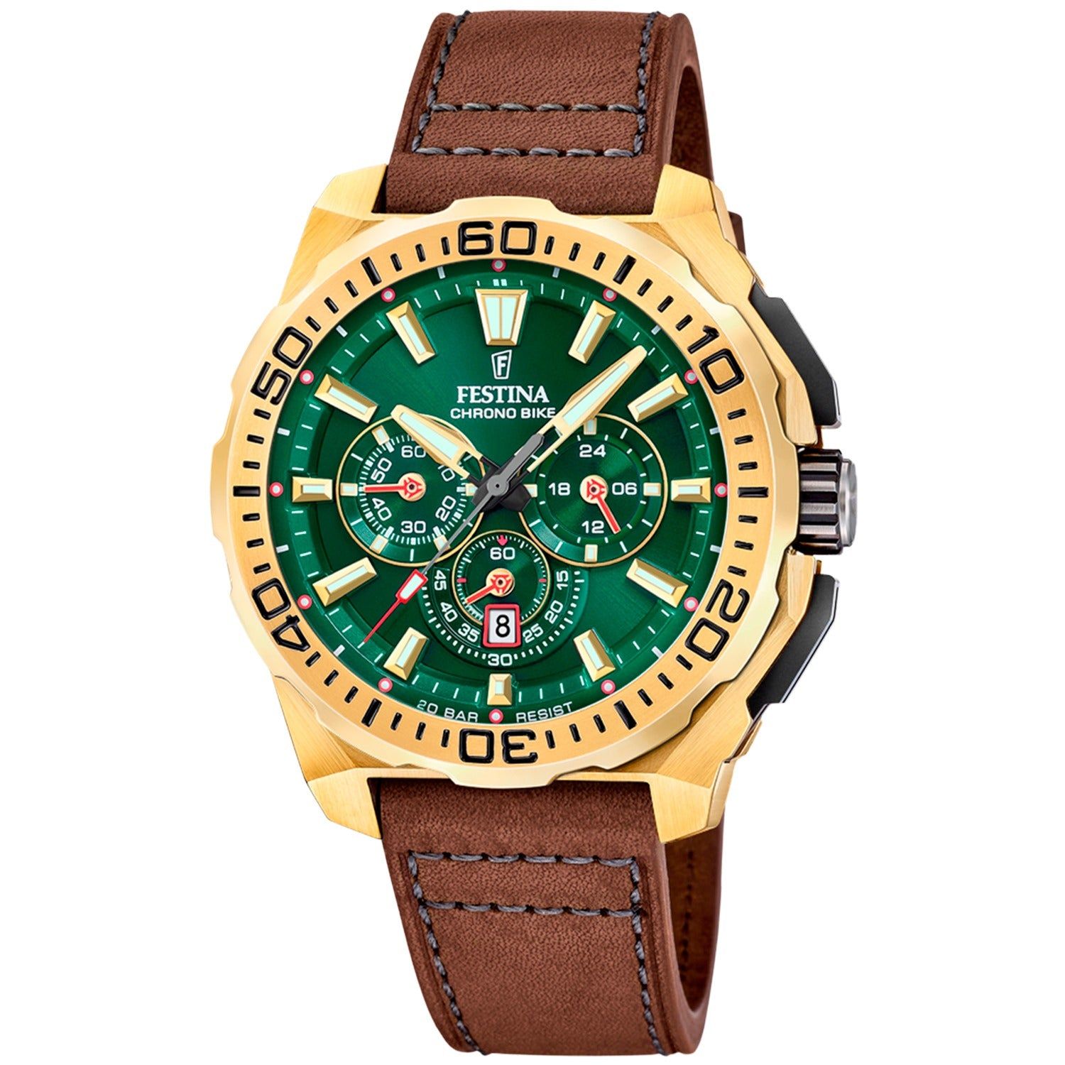 Festina Chrono Bike Herrenuhr mit grünem Zifferblatt und braunem Lederarmband