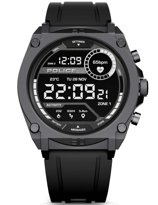 POLICE Smartwatch mit rundem Display und schwarzem Silikonarmband, Metalllünette