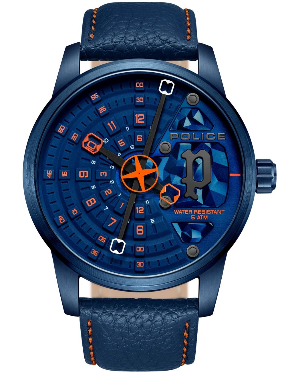 Police Herrenuhr mit blauem Zifferblatt, Lederarmband, Leuchtzeigern, Mineralglas