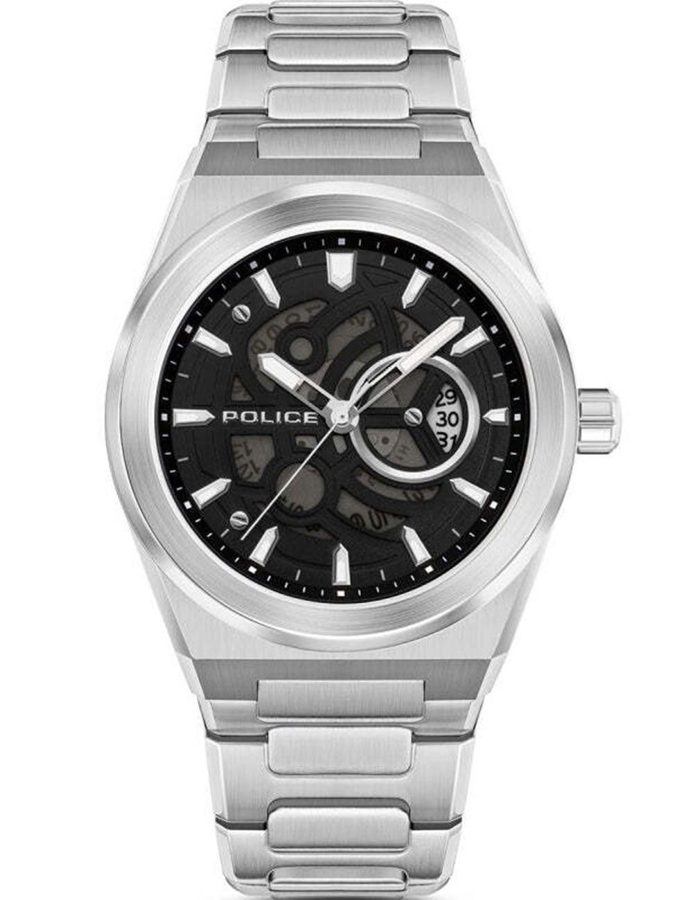 Herrenuhr von Police mit schwarzem Zifferblatt und silbernem Metallarmband