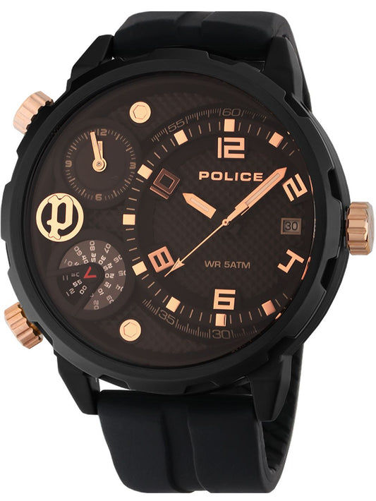 Herrenarmbanduhr Police: schwarzes Gehäuse, roségoldene Zeiger, schwarzes Silikonband
