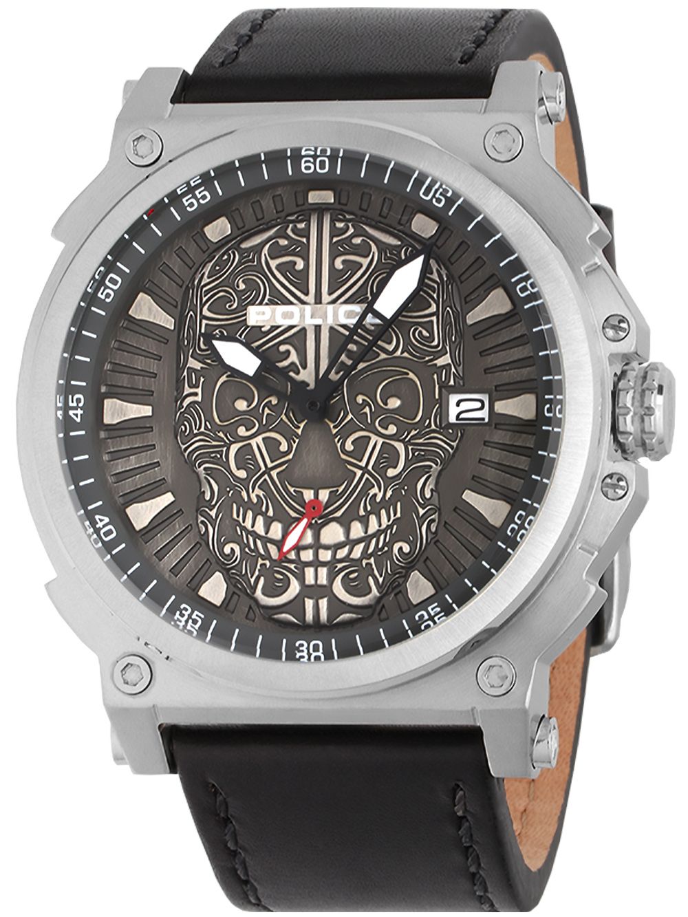 Herrenuhr mit schwarzem Lederarmband, silbernem Gehäuse und Totenkopf-Zifferblatt