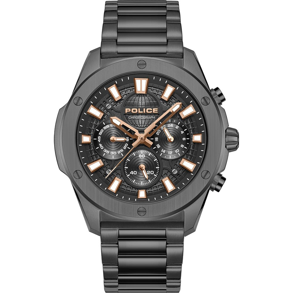 Schwarze Herrenuhr mit Chronographenzifferblatt, orange Markierungen und Metallarmband