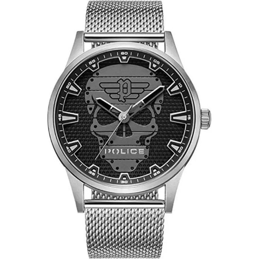 Herrenuhr mit silbernem Milanaisearmband und schwarzem Zifferblatt, Mineralglas