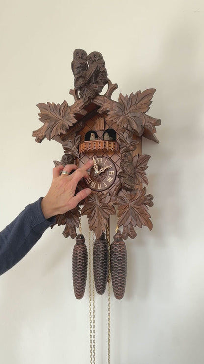 Rombach & Haas TRADITION 4560-N Horloge Murale Bois Foncé • Mouvement Mécanique 8 Jours • Horloge Hibou Sculptée Main