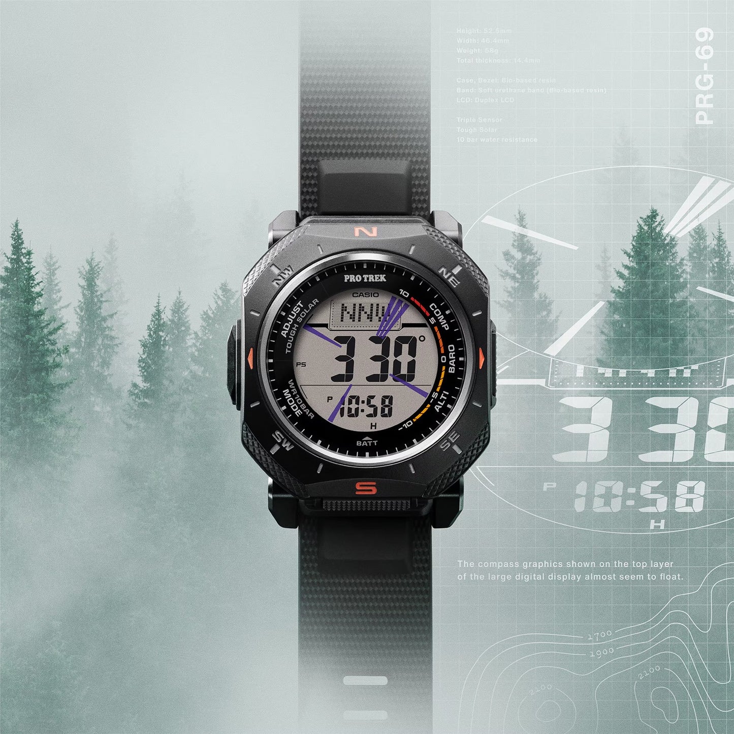 Schwarze Armbanduhr mit großem Digitaldisplay und geriffeltem Kunststoffarmband
