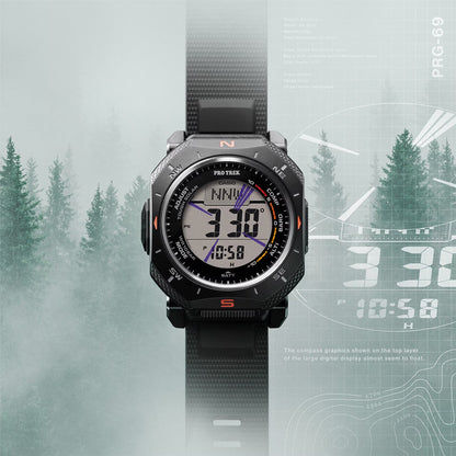 Schwarze Armbanduhr mit großem Digitaldisplay und geriffeltem Kunststoffarmband