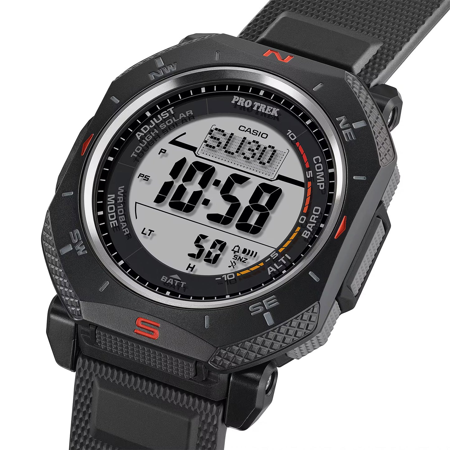 Digitale Armbanduhr mit schwarzem Gehäuse und Band, großes Zahlendisplay