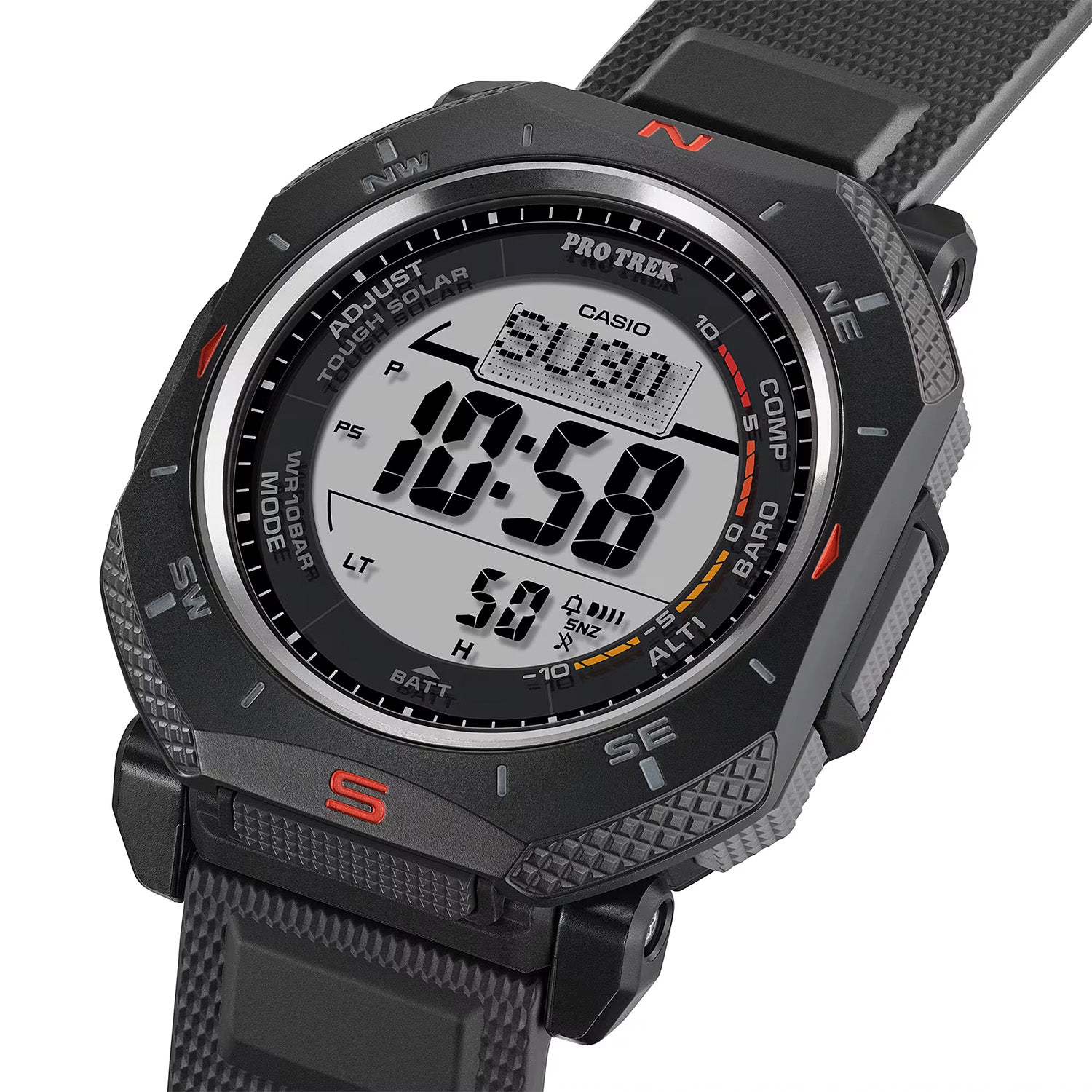 Digitale Armbanduhr mit schwarzem Gehäuse und Band, großes Zahlendisplay