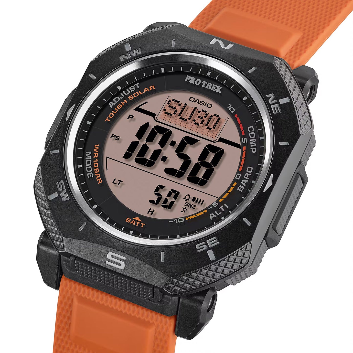 Herren-Armbanduhr mit schwarzem Gehäuse, orangem Band und digitalem Display