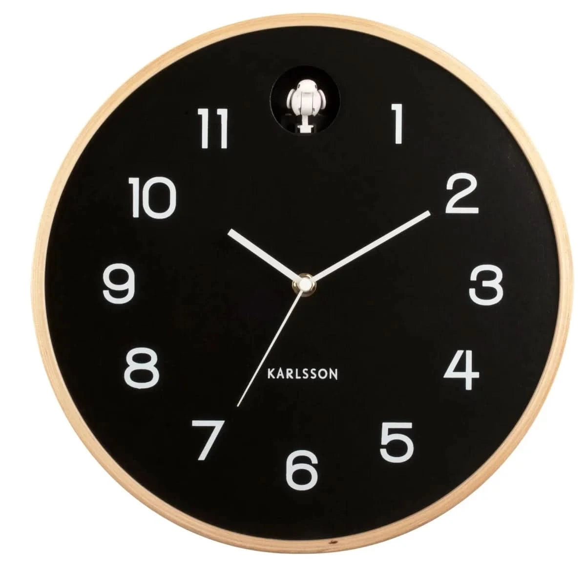 Horloge murale ronde avec cadre en bois, cadran noir, chiffres et aiguilles blancs