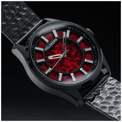 Holzkern Herrenarmbanduhr, schwarzer Rahmen, rotes Zifferblatt mit silbernen Stundenmarkern