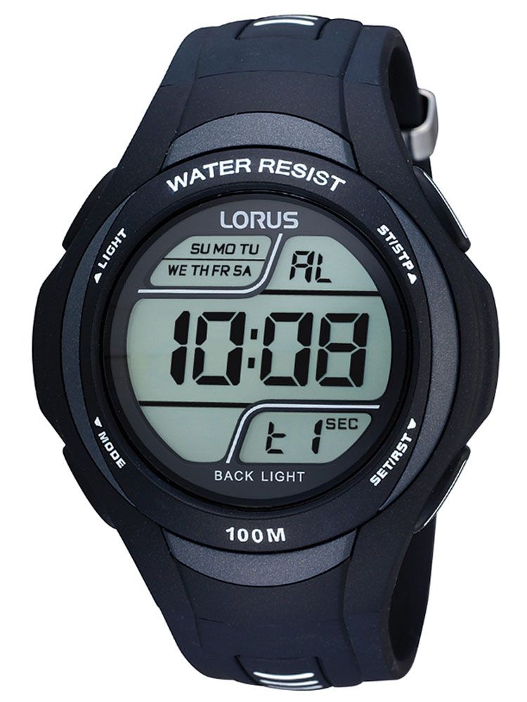 Lorus Herren-Digitaluhr mit schwarzem Gehäuse, Digitalanzeige und schwarzem Armband