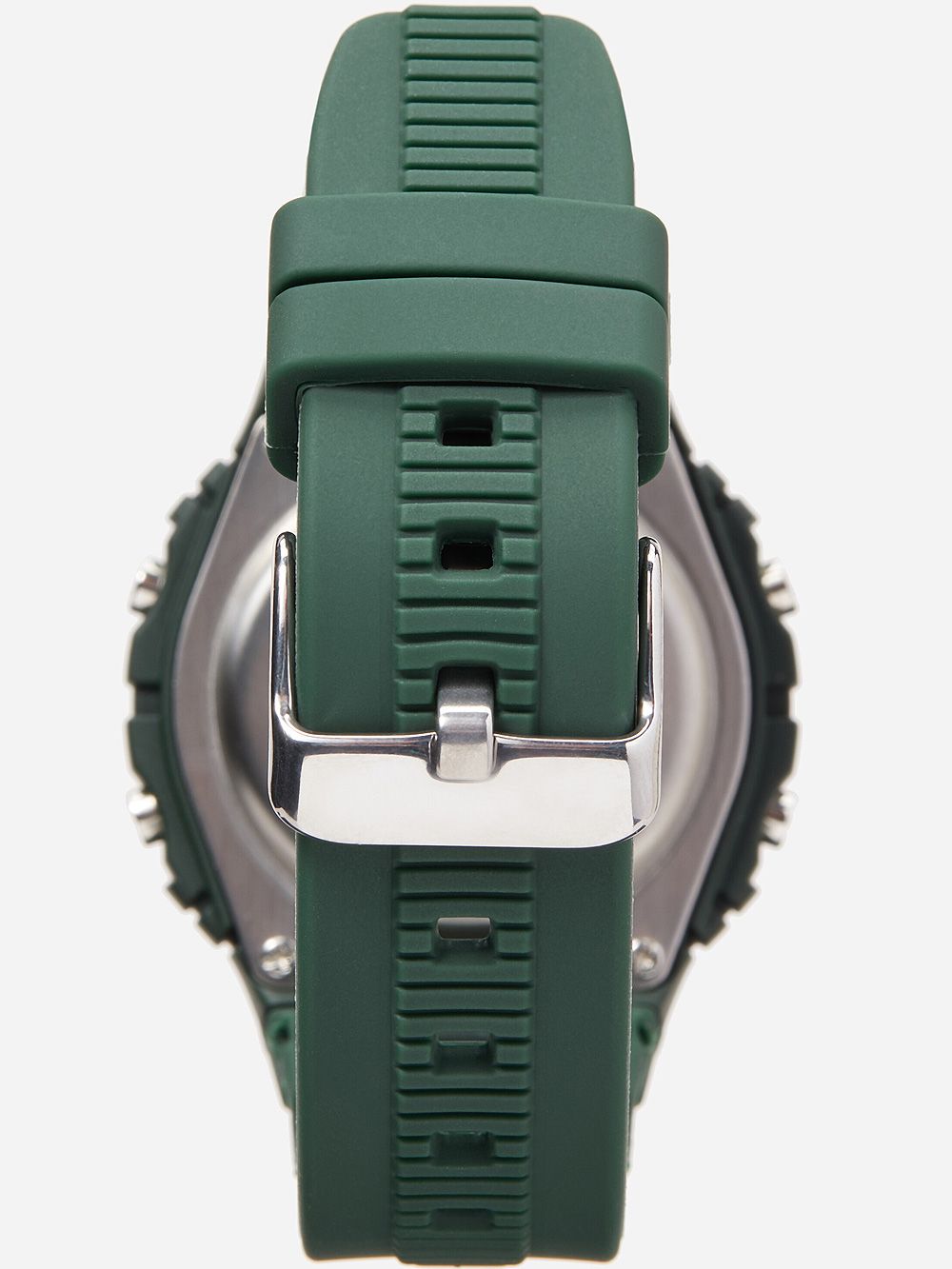 Digitale Herrenuhr-Rückseite mit grünem Silikonband und Metallverschluss