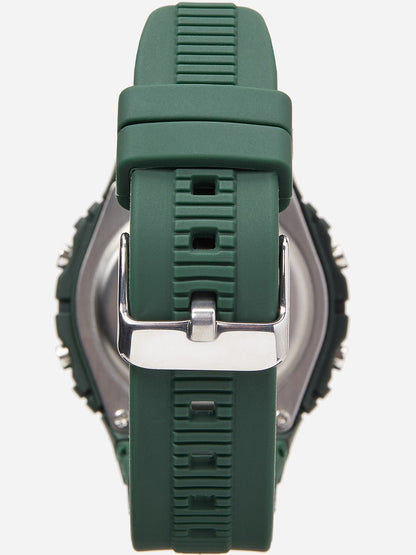 Digitale Herrenuhr-Rückseite mit grünem Silikonband und Metallverschluss
