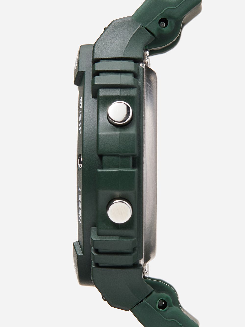 Digitale Herrenuhr seitlich: grüne Krone/Drücker am Metallgehäuse mit Silikonband