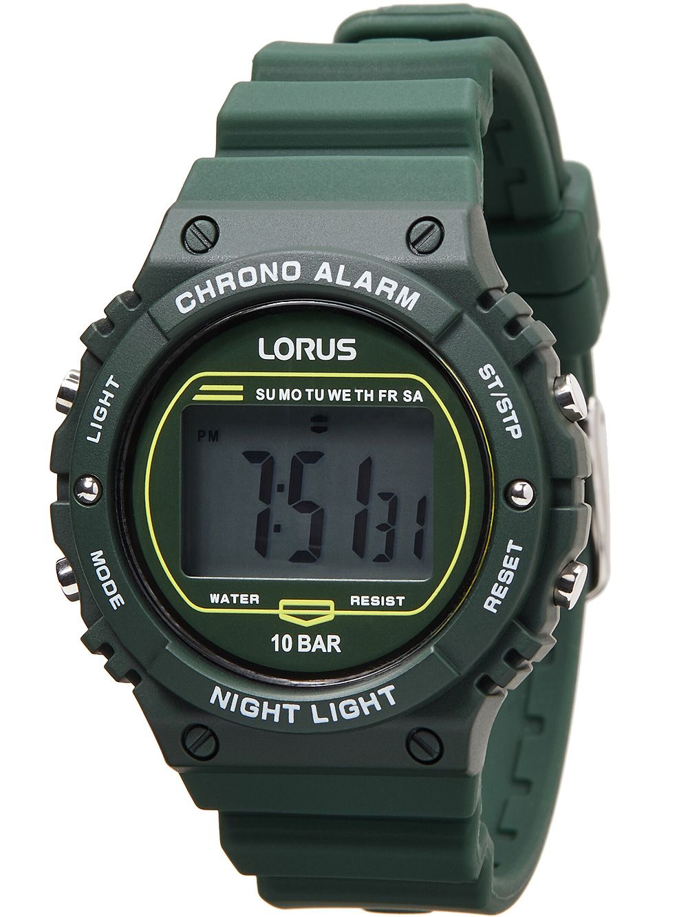 Digitale Herrenuhr mit grünem Silikonarmband, dunklem Display, Nachtlicht und 10 BAR