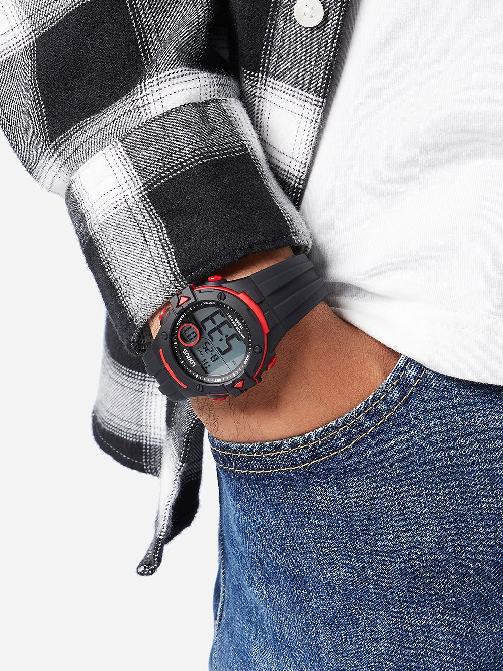 Herren-Digitaluhr am Handgelenk mit schwarzem Armband und rotem Lünette-Detail