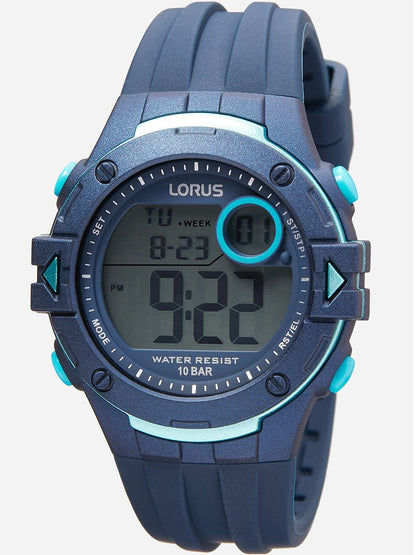 Herren-Digitaluhr Lorus mit blauem Zifferblatt, digitaler Anzeige und Schutzring