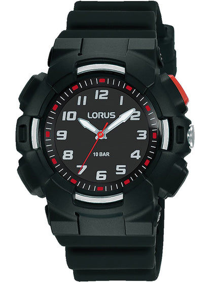Kinderuhr von Lorus mit schwarzem Gehäuse, analogem Ziffernblatt und Leuchtzeigern