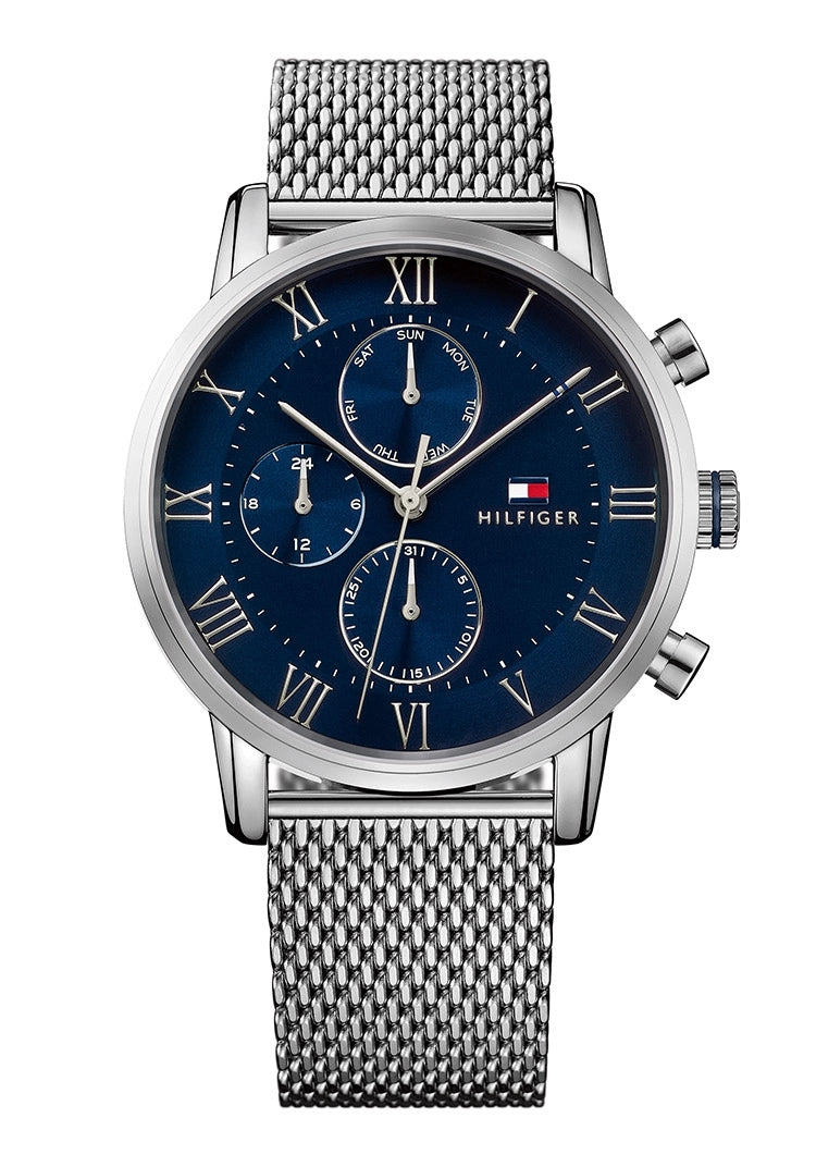 Herrenarmbanduhr von Tommy Hilfiger mit Quarzwerk, blauem Zifferblatt und Milanaiseband