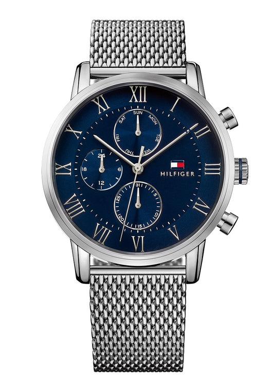 Herrenarmbanduhr von Tommy Hilfiger mit Quarzwerk, blauem Zifferblatt und Milanaiseband
