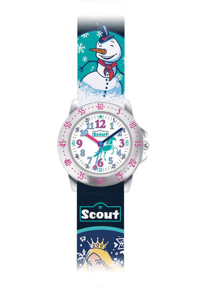 Kindermädchenuhr mit blauem Riemen und Schneemann-Motiv, analoges Ziffernblatt mit Zahlen