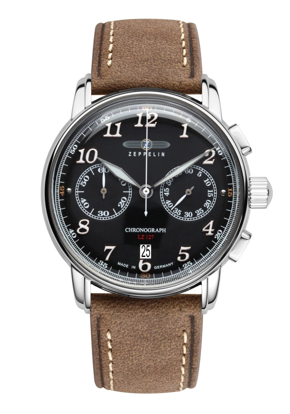 Zeppelin Herren-Chronograph mit braunem Lederarmband und schwarzem Zifferblatt, Edelstahlgehäuse