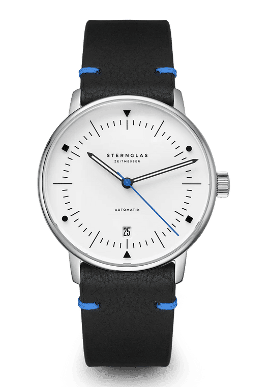 Sternglas Naos Edition Bauhaus X Armbanduhr: schwarzes Lederband, weißes Zifferblatt