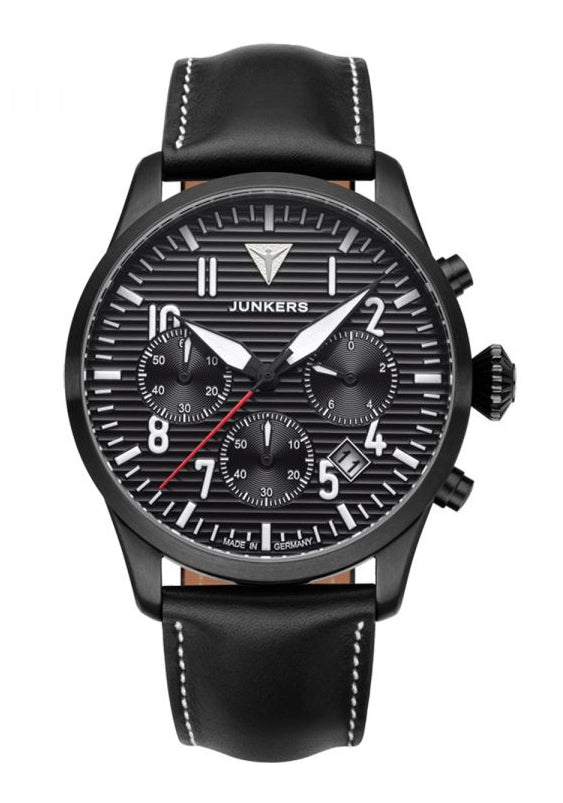Herren-Armbanduhr: schwarzes Lederarmband, schwarzes Chronograph-Zifferblatt im Pilotenstil