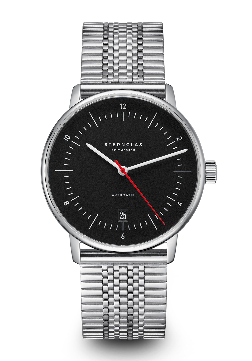 Herren-Automatik-Uhr mit schwarzem Zifferblatt, Stahlarmband und rotem Sekundenzeiger