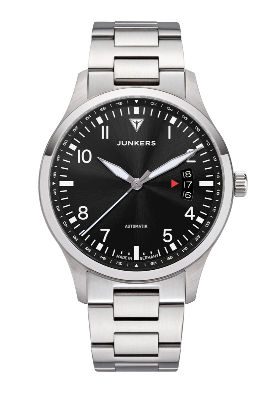 Junkers Herrenarmbanduhr mit schwarzem Zifferblatt, Datumsanzeige, Edelstahlband.