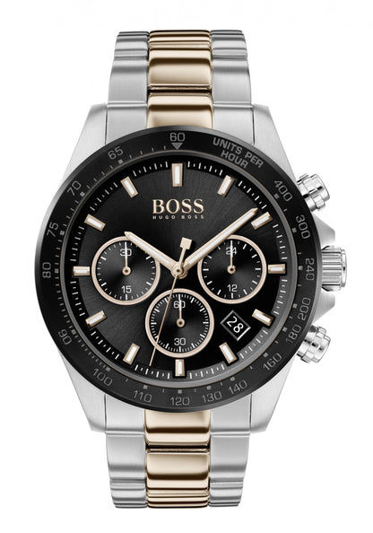 Herren-Chronograph mit schwarzem Zifferblatt, drei Chrono-Subdials und bicolor Metallarmband