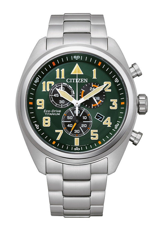 Zegarek męski Citizen Eco-Drive Super Titanium z srebrną bransoletą ze stali szlachetnej i zieloną tarczą