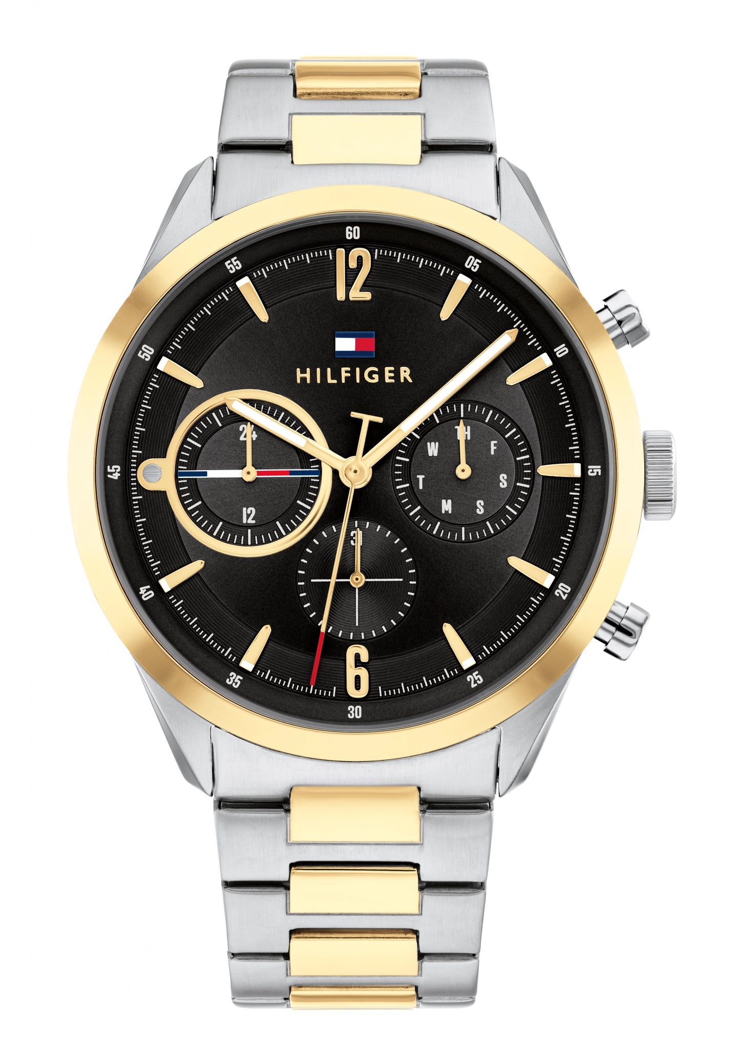Tommy Hilfiger Herrenuhr mit schwarzem Zifferblatt, goldenen Akzenten und Edelstahlband